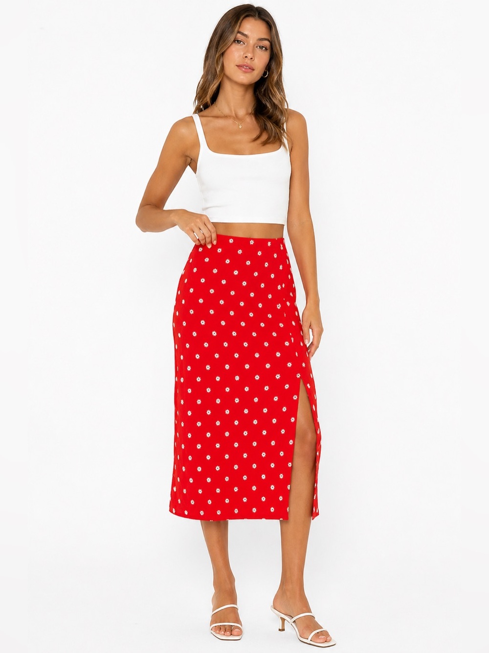 Don’t Call Me Jennyfer Red Daisy Print Midi Skirt Side Slit Women’s Size M
